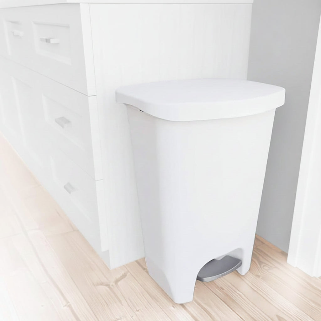 White 13-Gallon Kitchen Trash Bin with Step Pedal and Odor Control