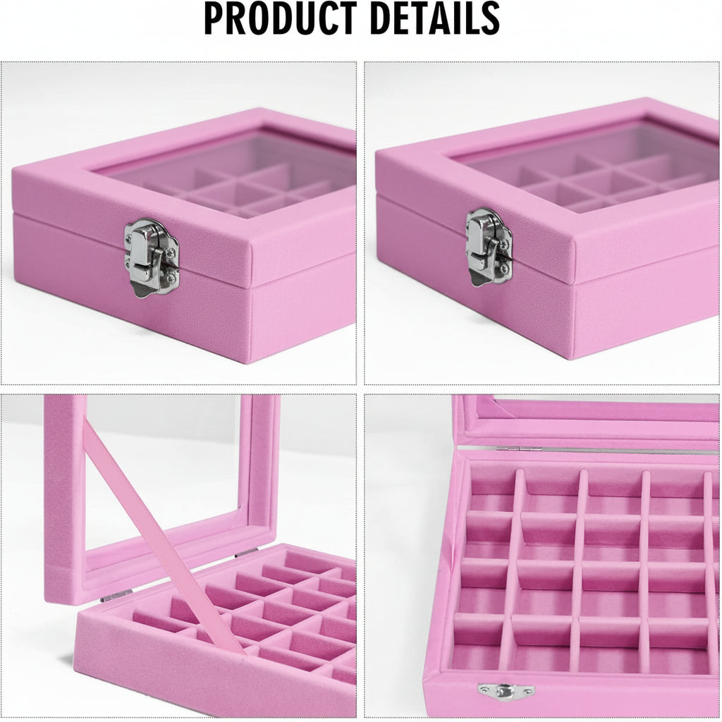 Velvet Jewelry Storage Box with Glass Lid - Mother's Day Gift Tray