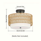 Rattan Ceiling Lamp in Boho Style | Linen Shade Semi-Flush Design