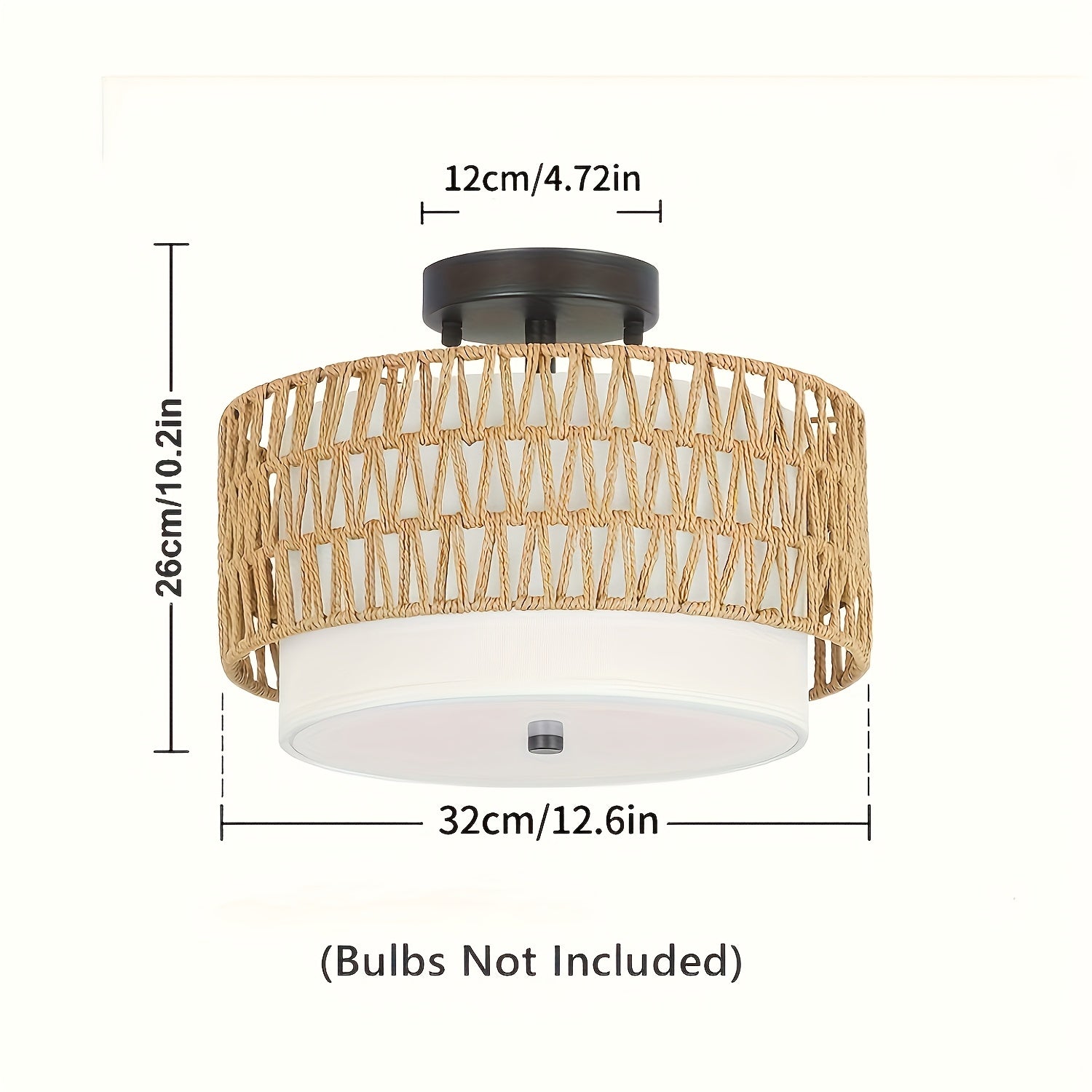 Rattan Ceiling Lamp in Boho Style | Linen Shade Semi-Flush Design