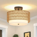 Rattan Ceiling Lamp in Boho Style | Linen Shade Semi-Flush Design