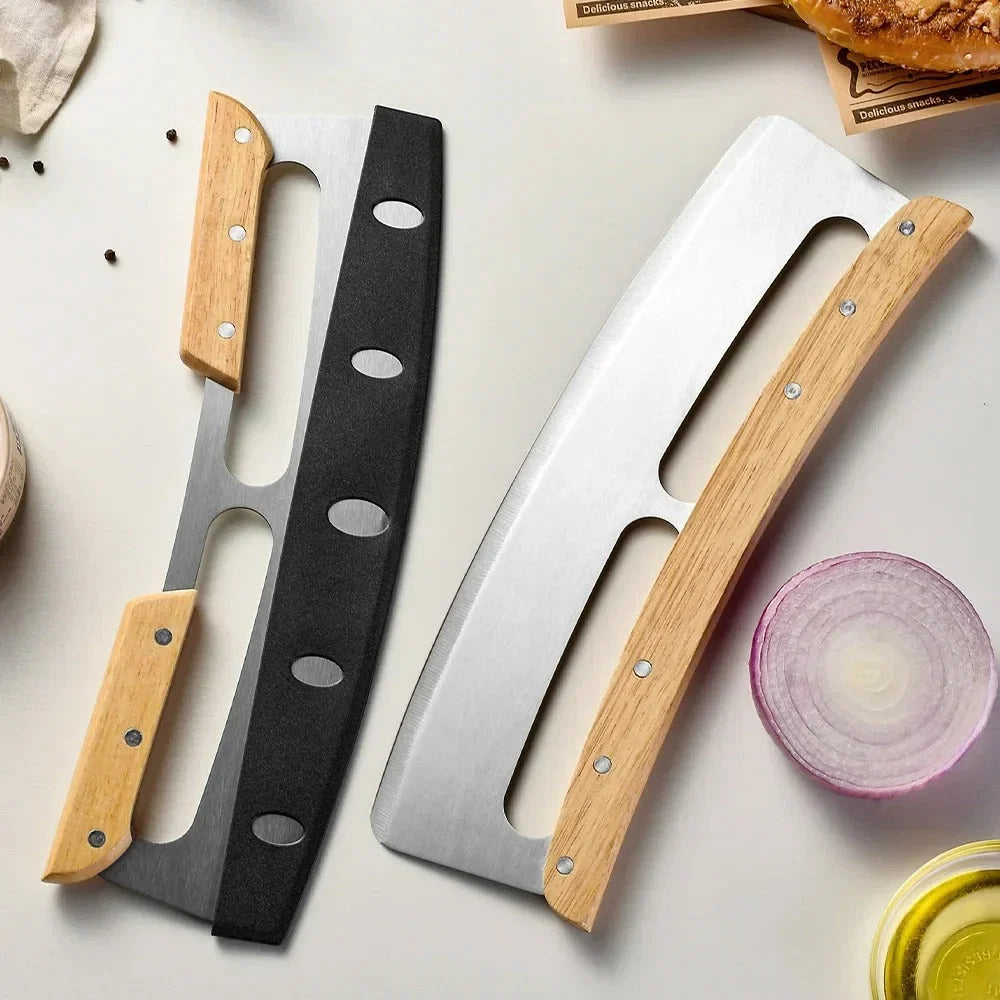 Pizza Cutter Curved Stainless Steel Blade & Wooden Handle