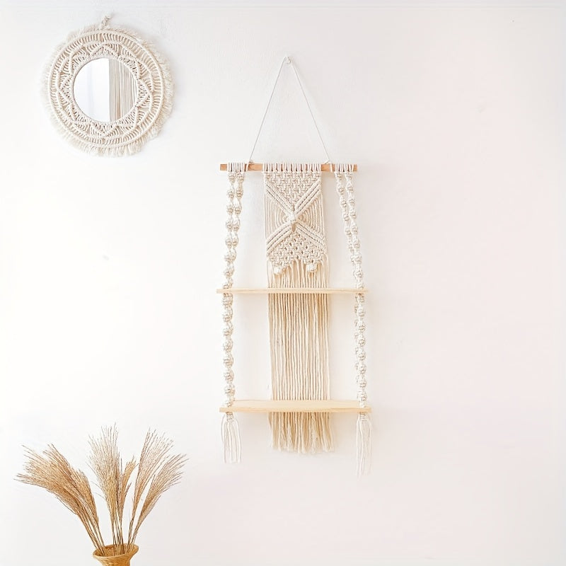 Hanging Storage Rack with Two Tiers – Bohemian Macrame Wall Shelf