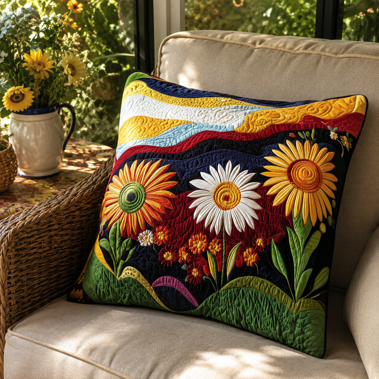 Quilted Cotton-Polyester Sunflower Pillowcase (Envelope Closure)