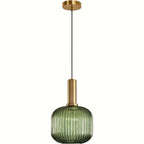 Contemporary Striped Pendant Light Fixture | Ribbed Glass with Brass