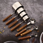 Stainless Steel Measuring Cups and Spoons Set with Oak Handles – 8 Pieces for Accurate Cooking