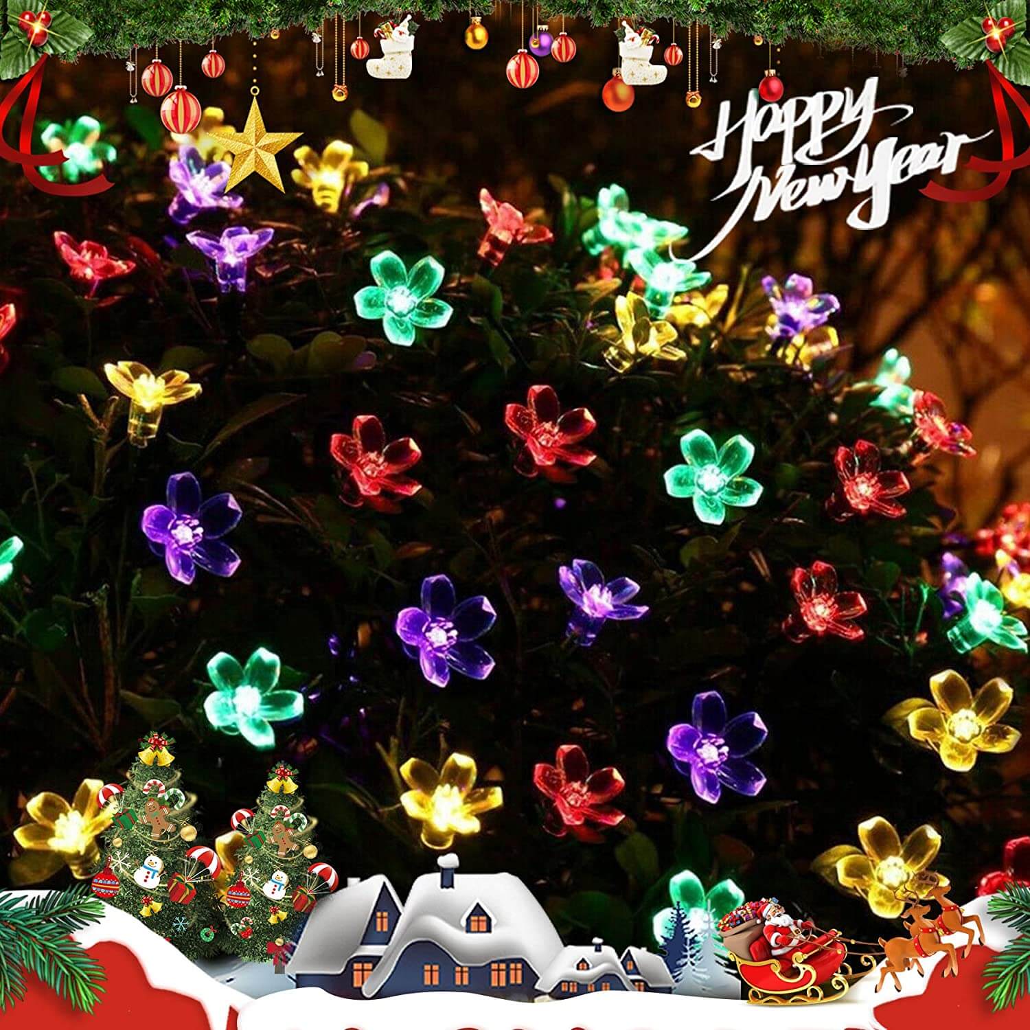 Multicolor LED Solar-Powered Flower String Lights