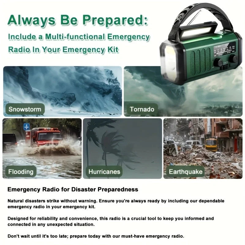 Emergency Radio Solar & Hand-Crank USB Charging NOAA Alerts