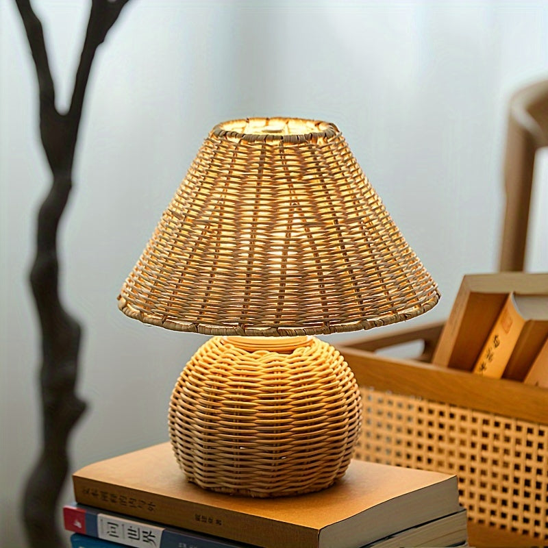 Boho Accent Lamp with USB Power - Woven Bamboo Desk Light