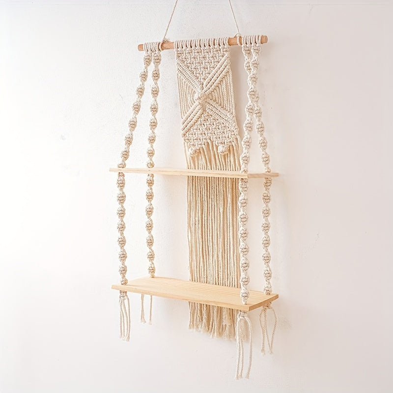 Hanging Storage Rack with Two Tiers – Bohemian Macrame Wall Shelf