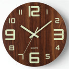 Silent Wooden Wall Clock with Glow-in-the-Dark Walnut Finish