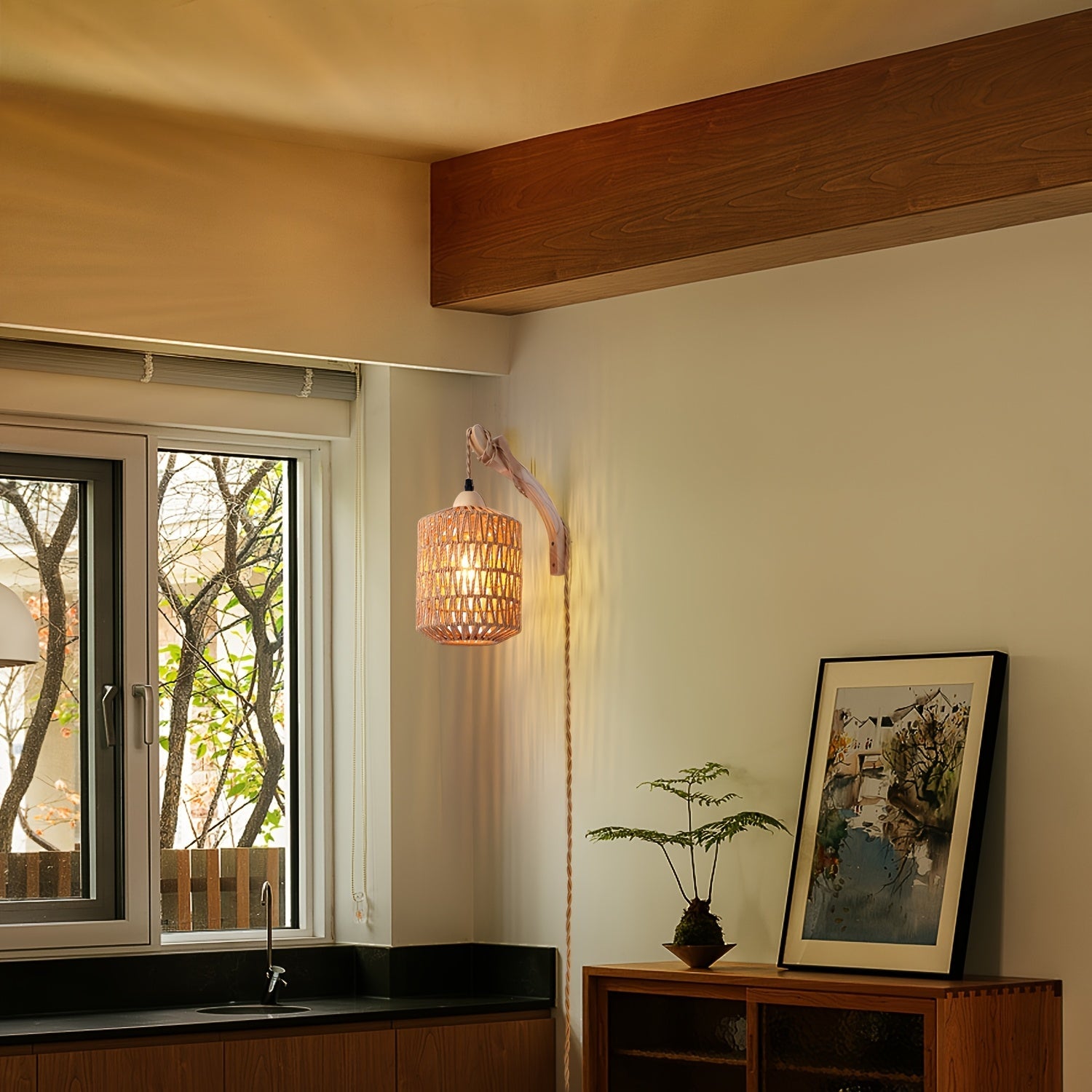 Handcrafted Rattan and Wood Wall Light Fixture – Plug-In Design