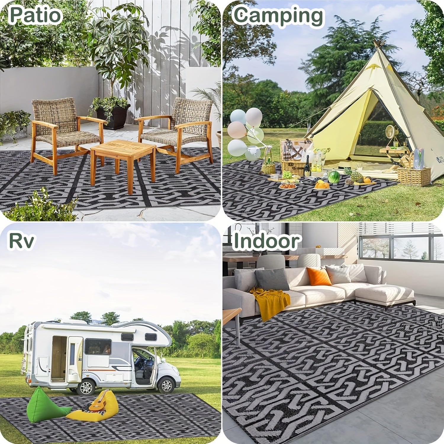 Modern Patio Mat - Reversible Outdoor Rug in Black and Grey