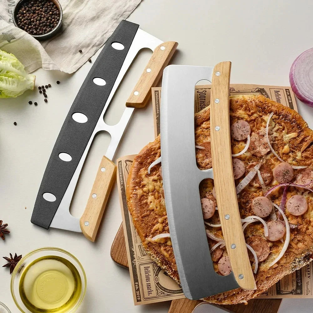 Pizza Cutter Curved Stainless Steel Blade & Wooden Handle