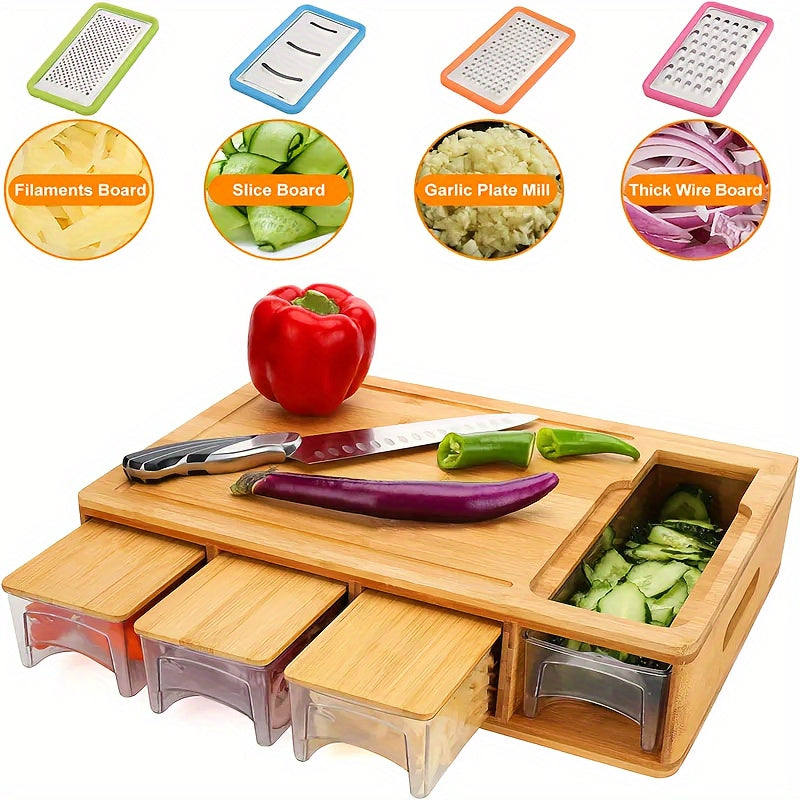 Multifunctional Kitchen Prep Station with Bamboo Cutting Board and Storage Trays