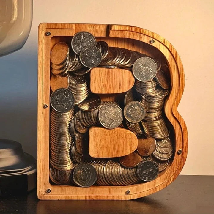 Piggy Bank Personalized Letter Sustainable Wood & Acrylic
