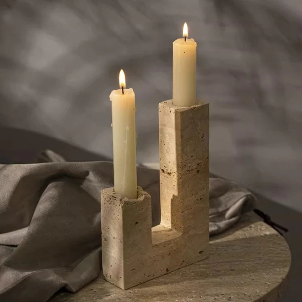 Modern Sculptural Candle Holder in Dual Travertine Design