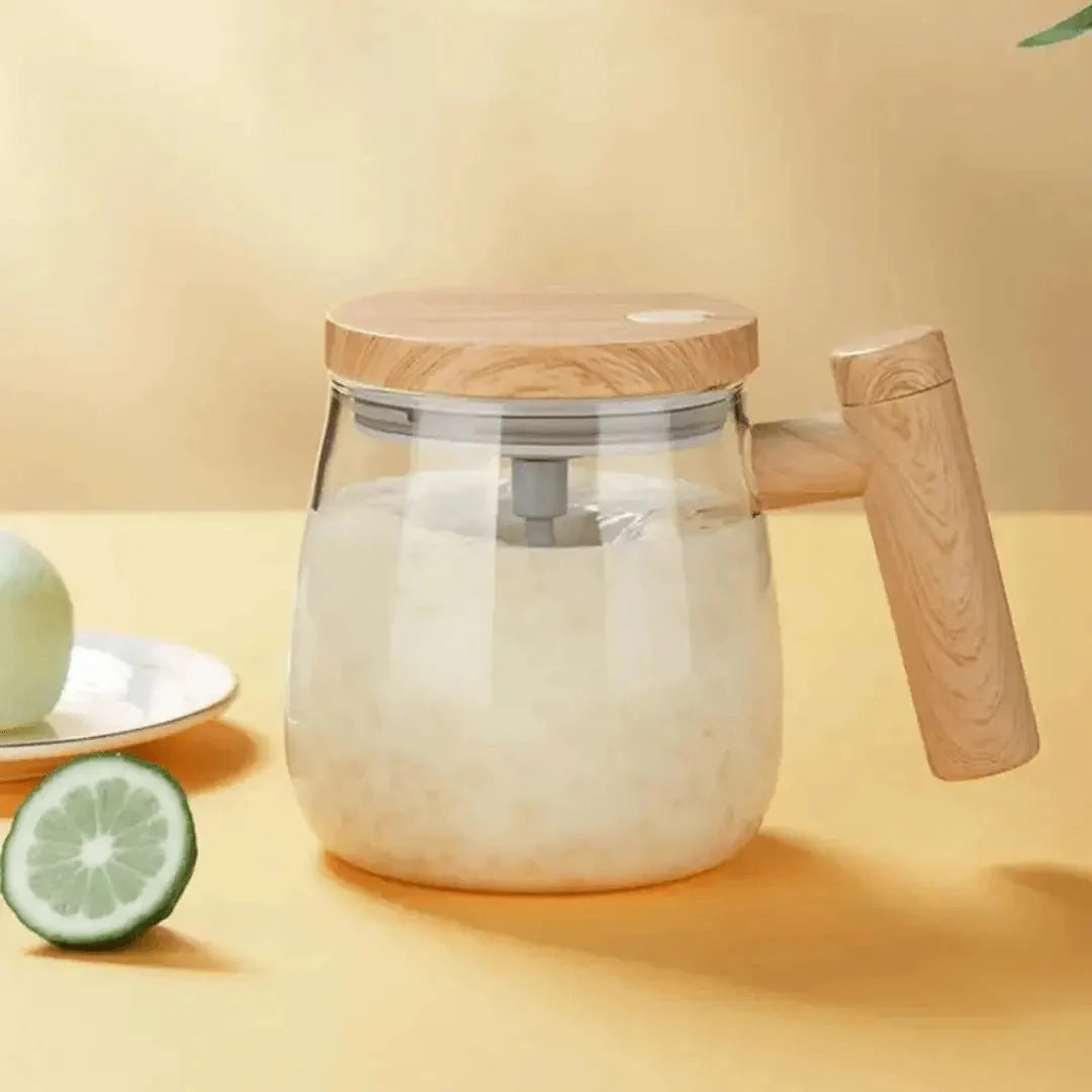 Self-Stirring Mug Glass Body Wooden Lid Spill-Proof