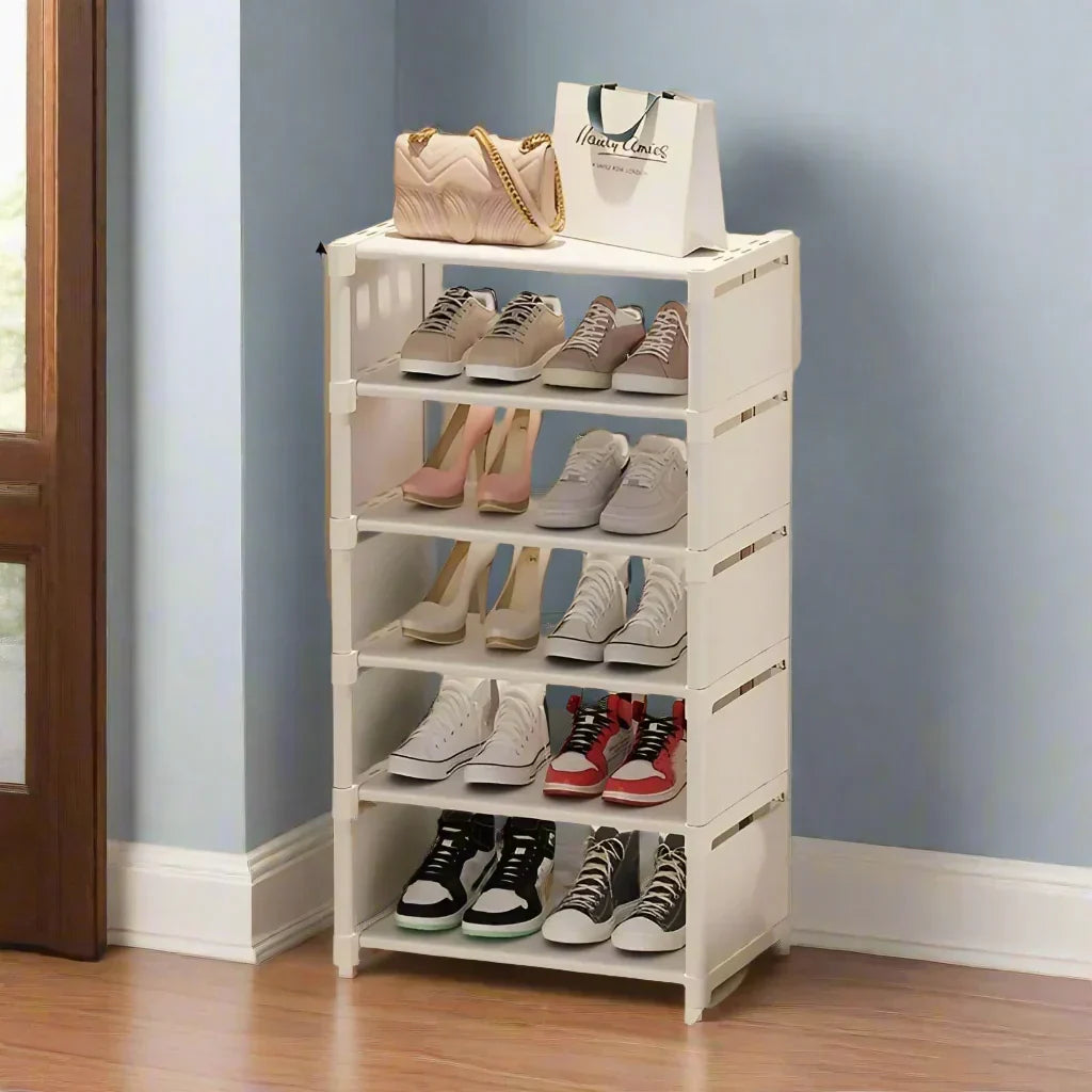 Shoe Rack Space-Saving Metal Frame & Fabric Shelves