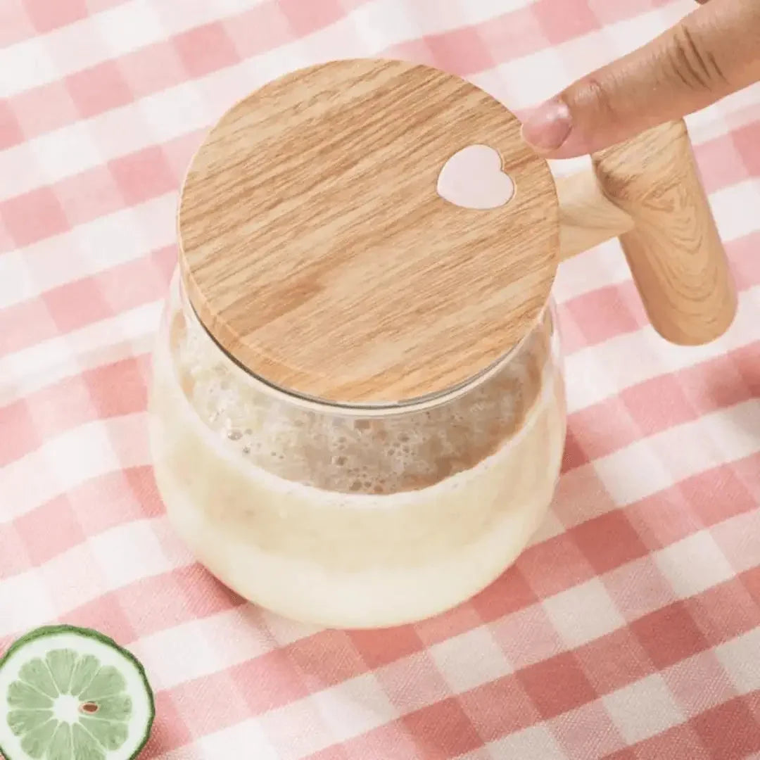 Self-Stirring Mug Glass Body Wooden Lid Spill-Proof