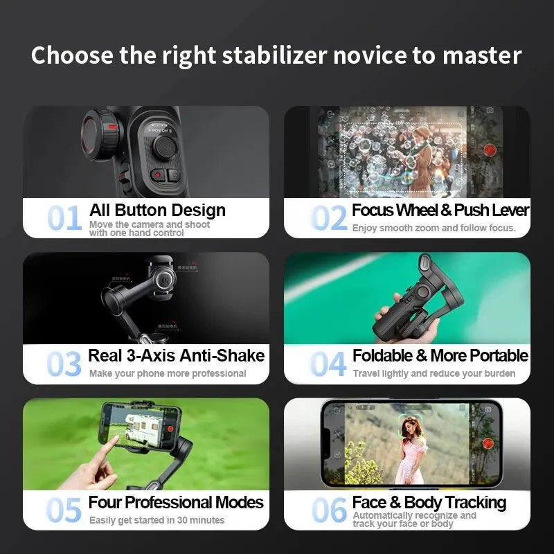 Smartphone Gimbal 3-Axis AI Tracking & Face Detection