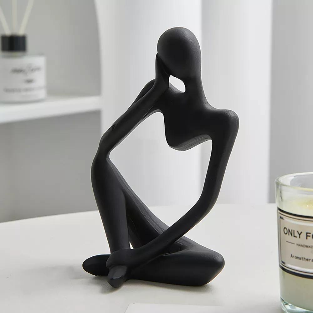 Modern Resin Art Sculpture of Abstract Thinker in White, Black, Gold