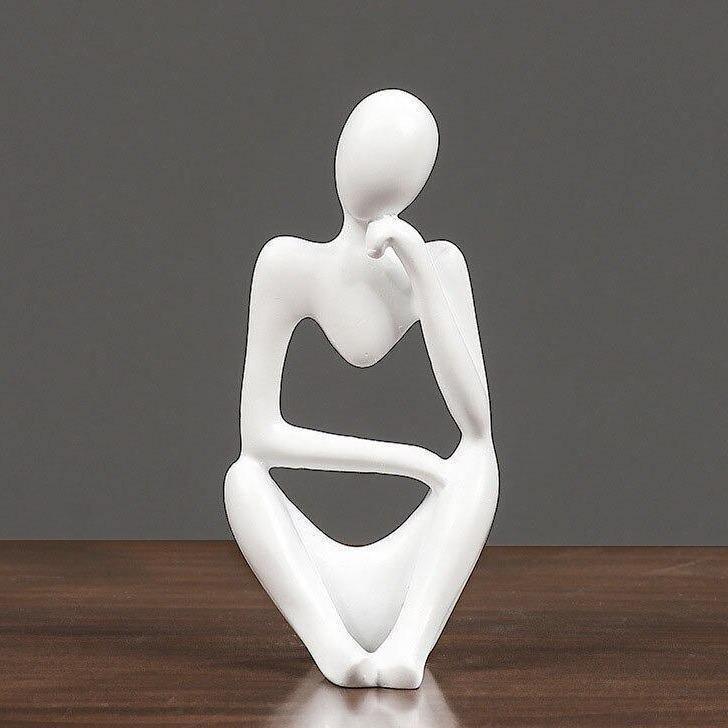 Modern Resin Art Sculpture of Abstract Thinker in White, Black, Gold
