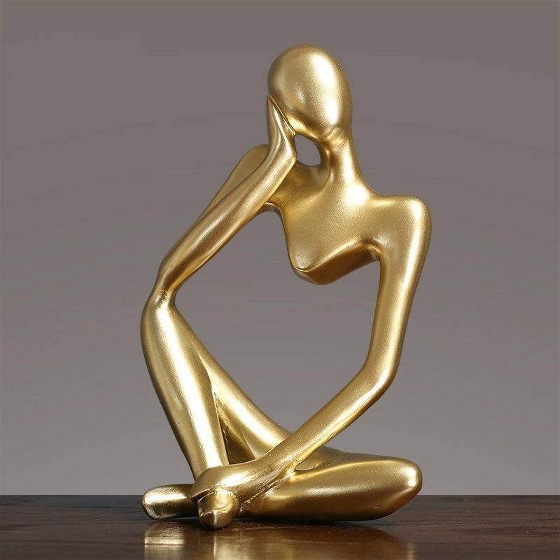 Modern Resin Art Sculpture of Abstract Thinker in White, Black, Gold