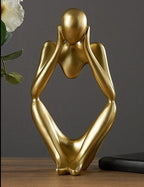 Modern Resin Art Sculpture of Abstract Thinker in White, Black, Gold