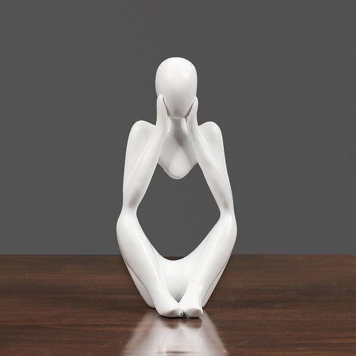 Modern Resin Art Sculpture of Abstract Thinker in White, Black, Gold
