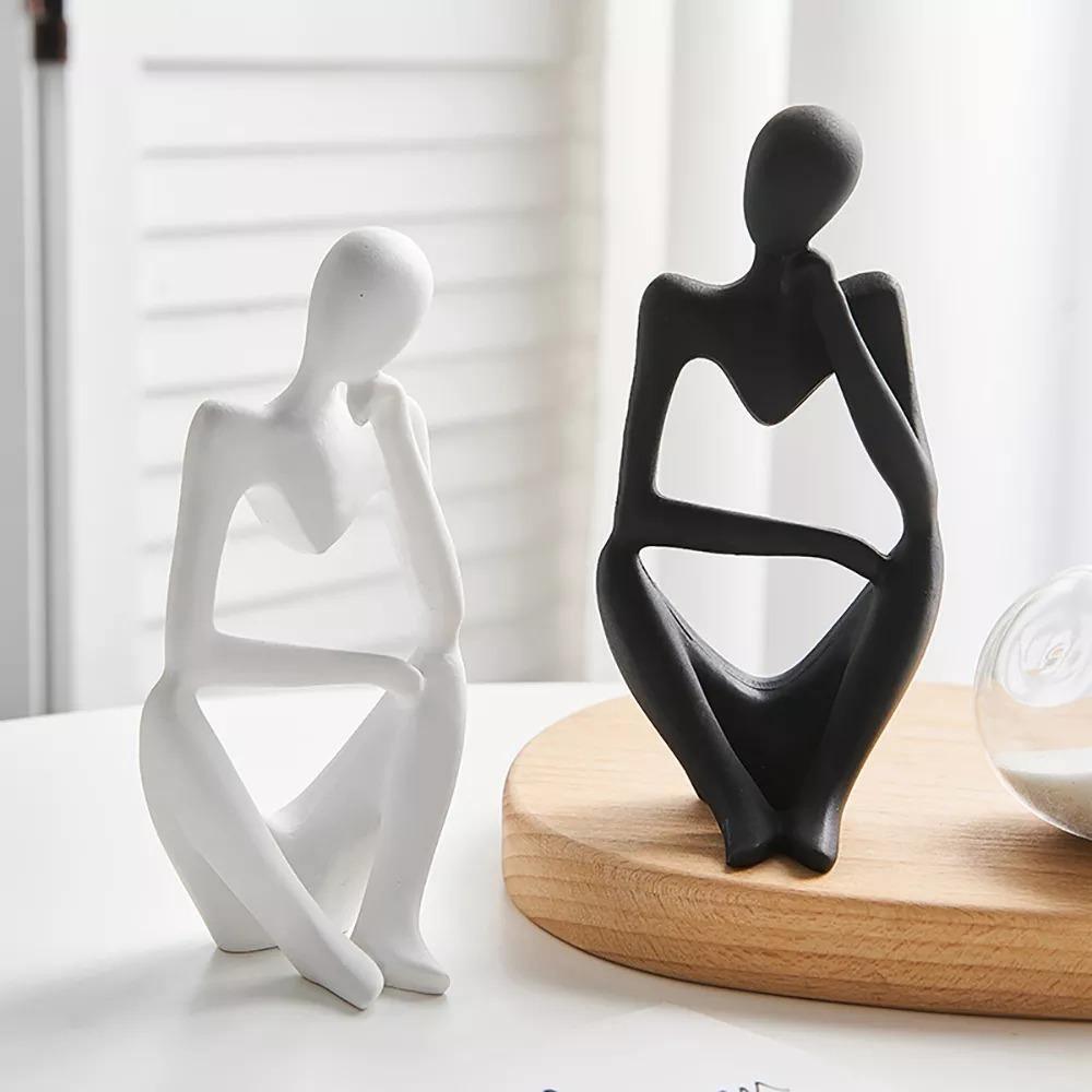 Modern Resin Art Sculpture of Abstract Thinker in White, Black, Gold