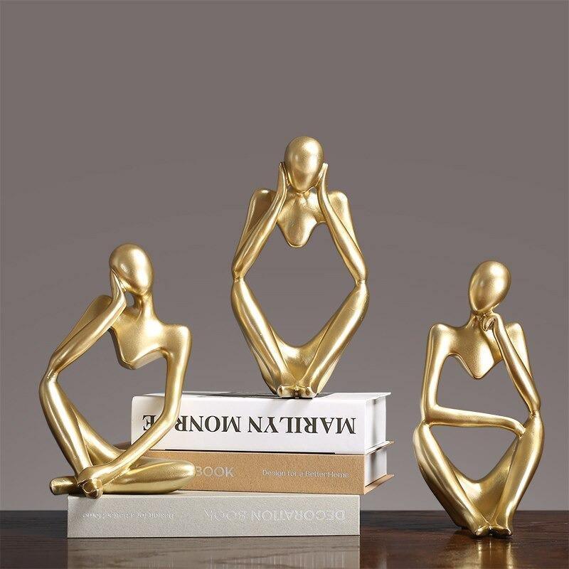 Modern Resin Art Sculpture of Abstract Thinker in White, Black, Gold