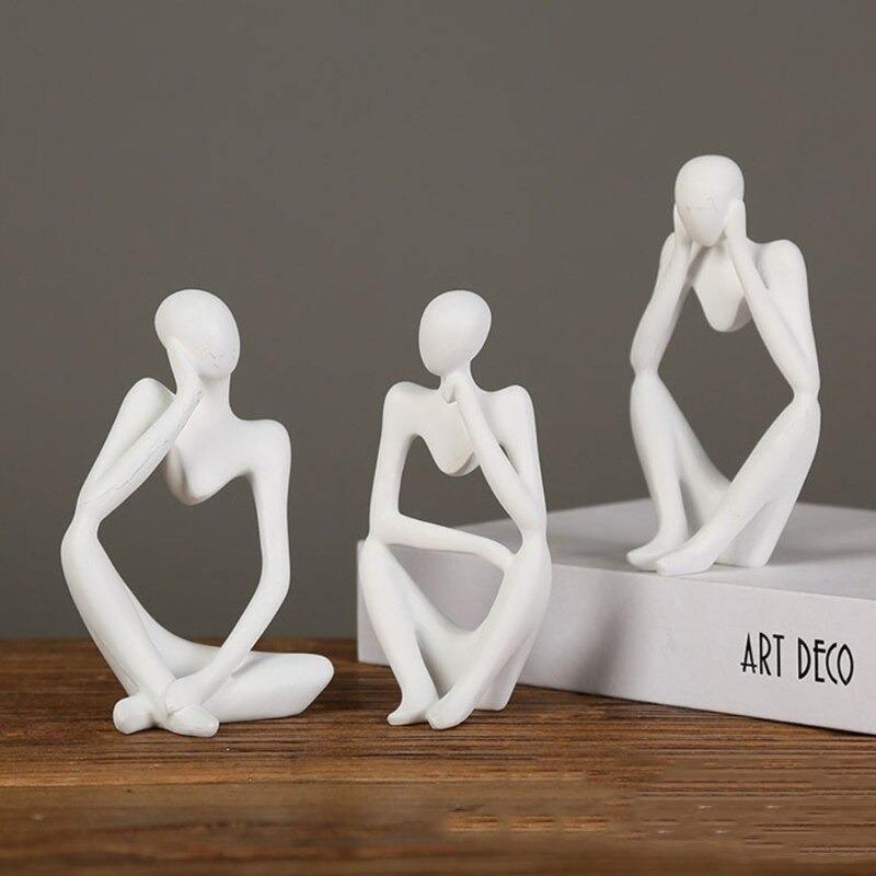 Modern Resin Art Sculpture of Abstract Thinker in White, Black, Gold