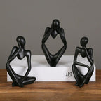 Modern Resin Art Sculpture of Abstract Thinker in White, Black, Gold