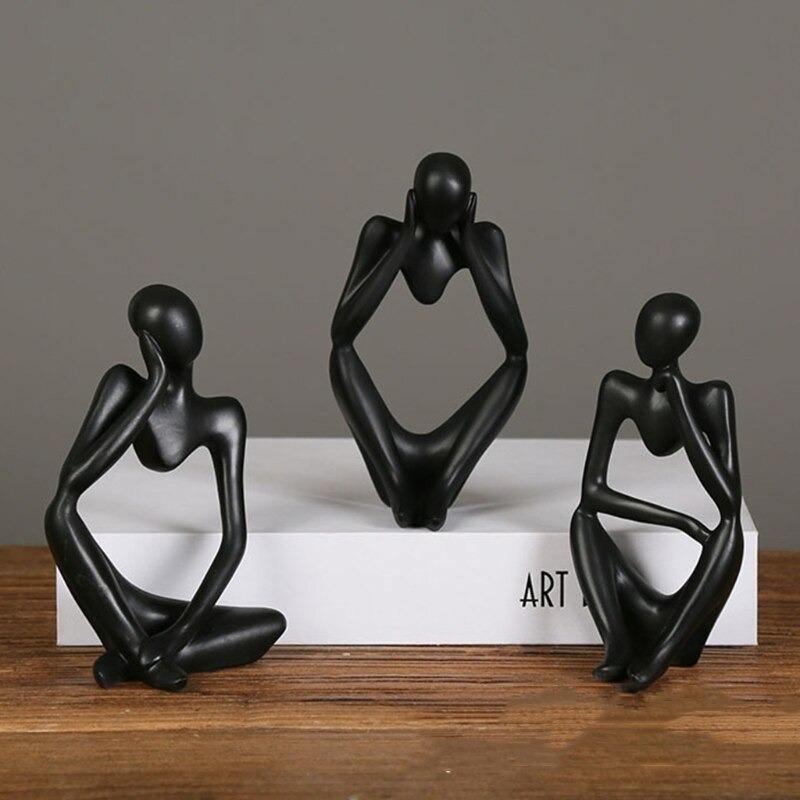 Modern Resin Art Sculpture of Abstract Thinker in White, Black, Gold
