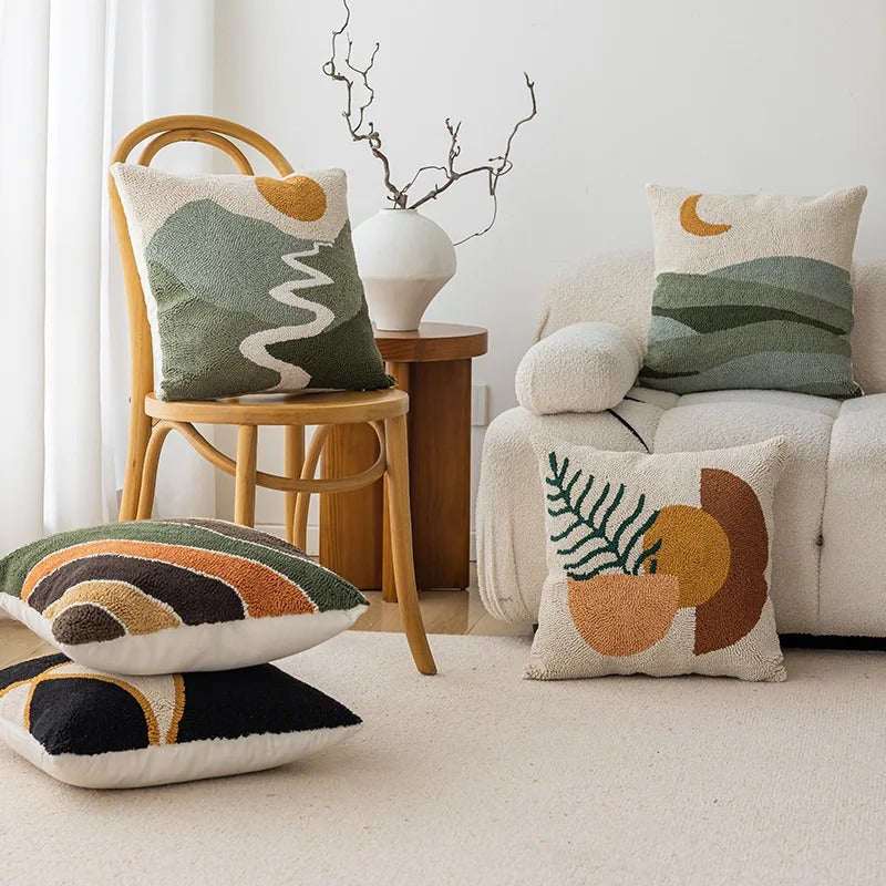 Soft Velvet Cushion Cover with Modern Landscape Pattern – Abstract Tufted