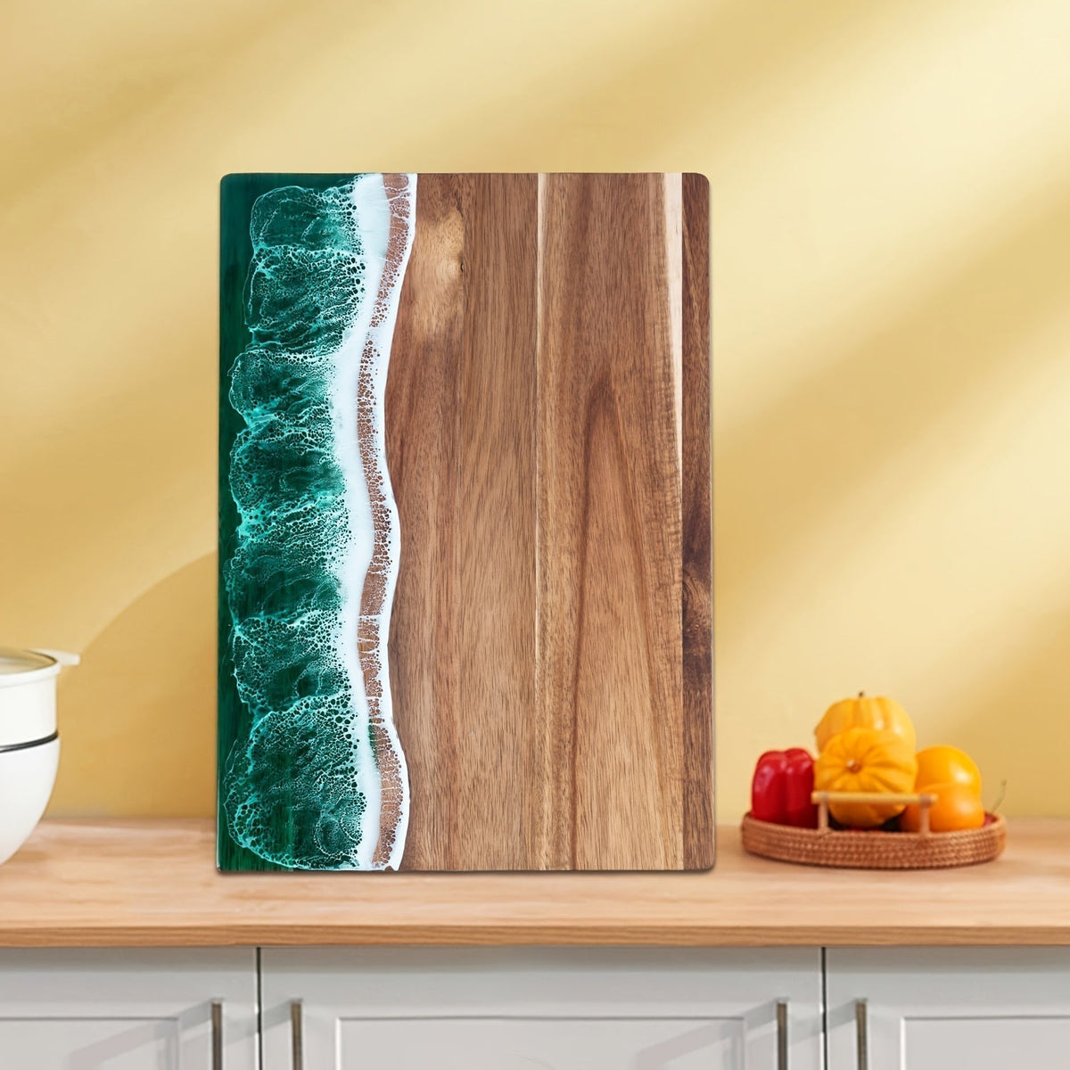SerenityWave Acacia Wood Serving Board with Ocean-Inspired Design