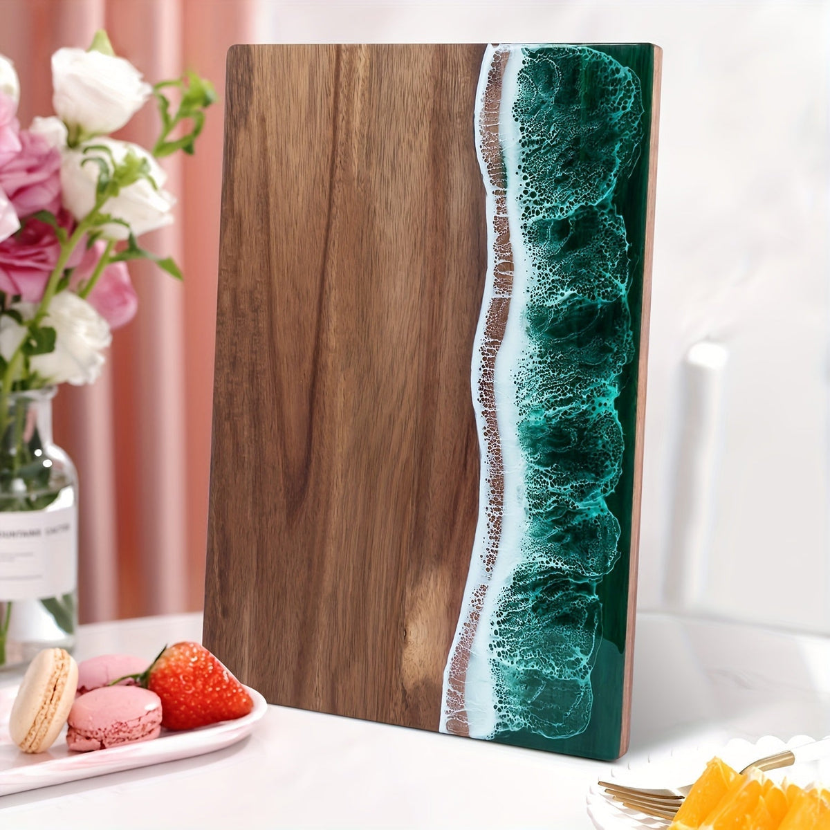 SerenityWave Acacia Wood Serving Board with Ocean-Inspired Design