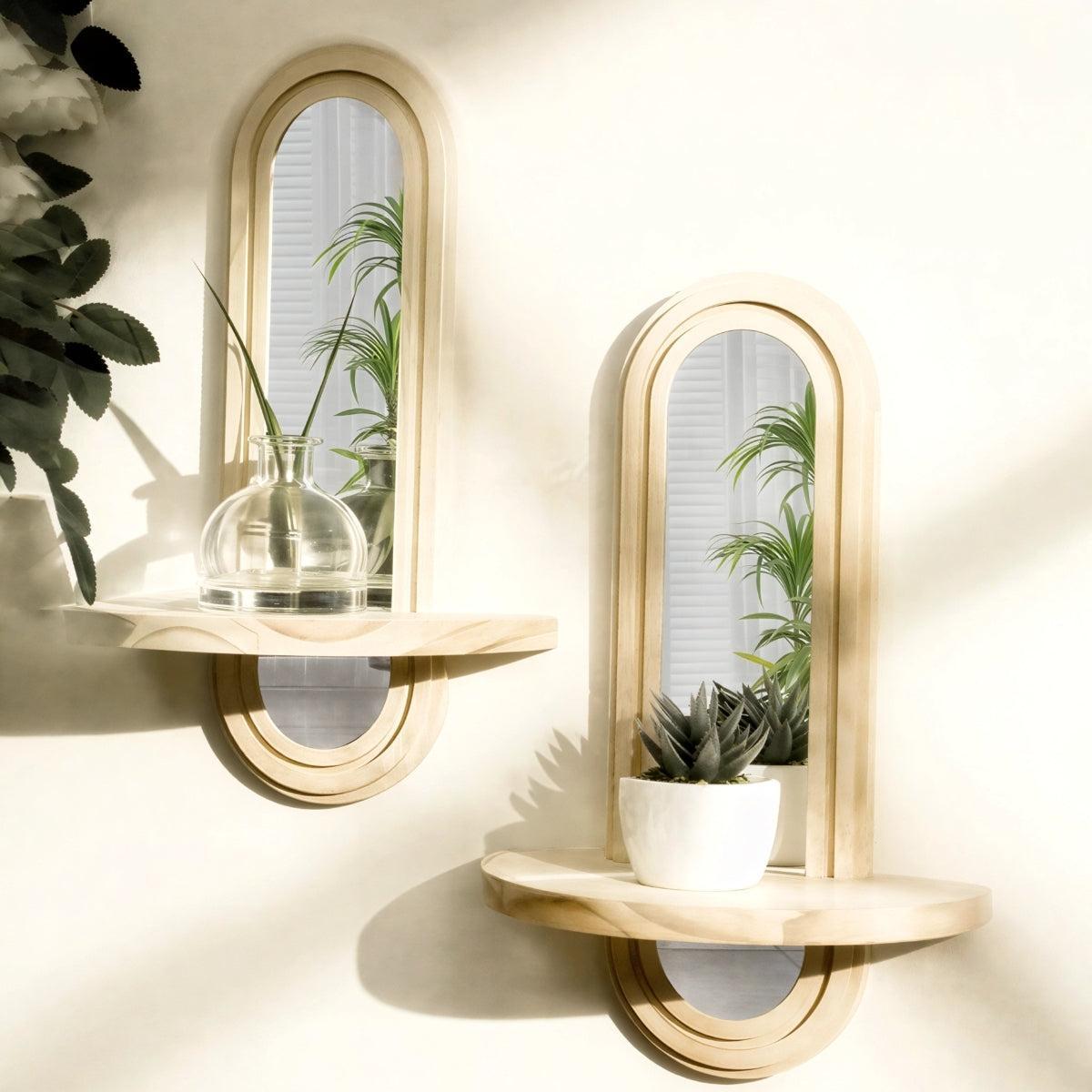 Chic Archway Wall Mirror with Built-In Wooden Display Shelf