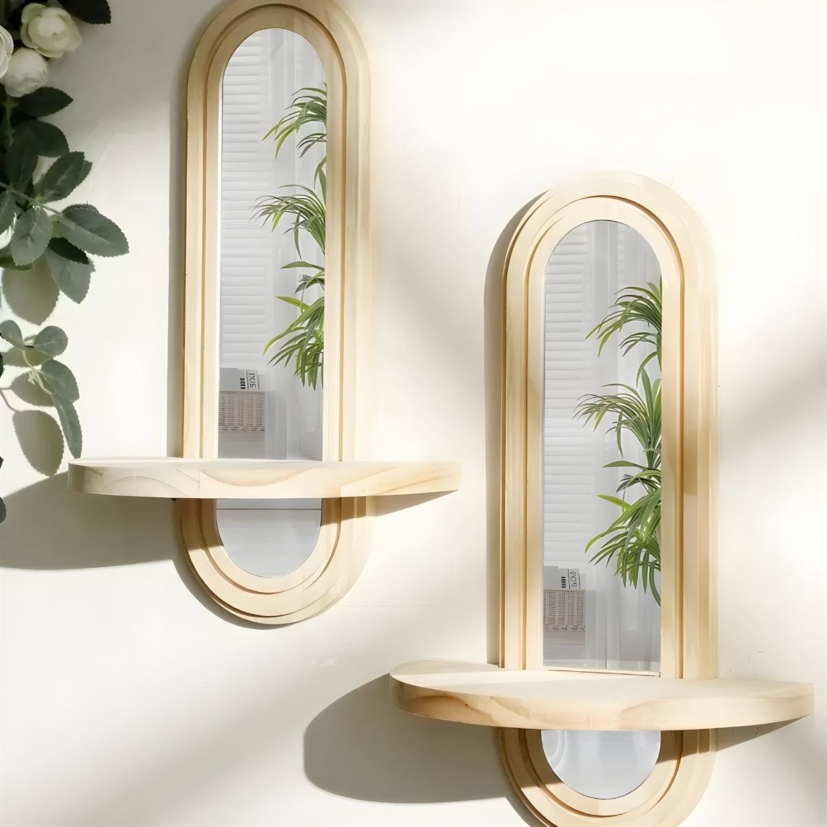 Chic Archway Wall Mirror with Built-In Wooden Display Shelf