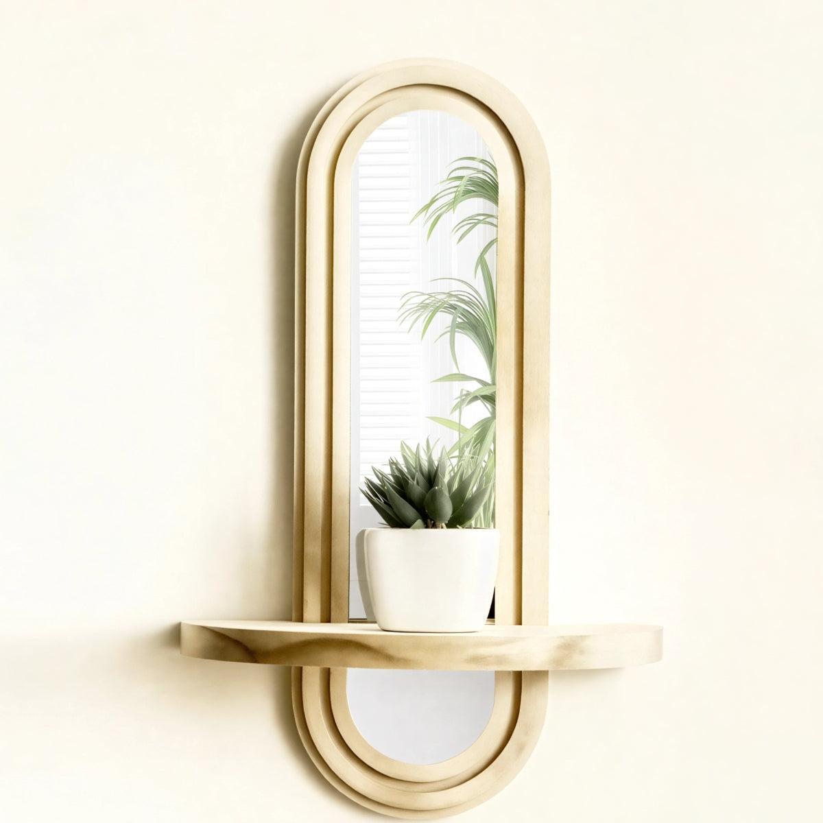 Chic Archway Wall Mirror with Built-In Wooden Display Shelf