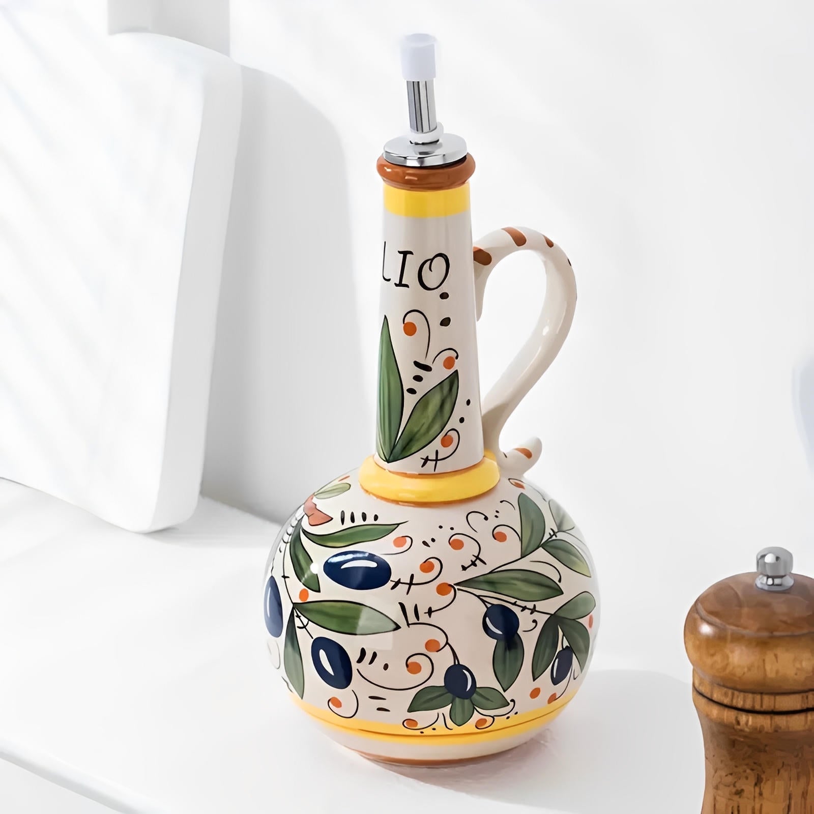 Elegant Handcrafted Olive Oil Pourer with Floral Design