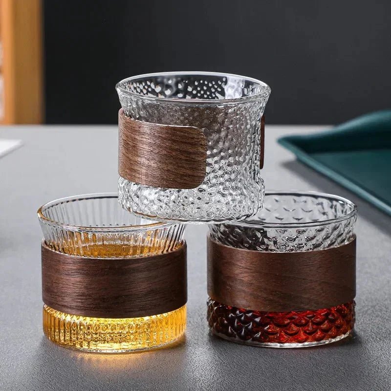 Elegant Glass Beverage Tumbler with Natural Wood Detail
