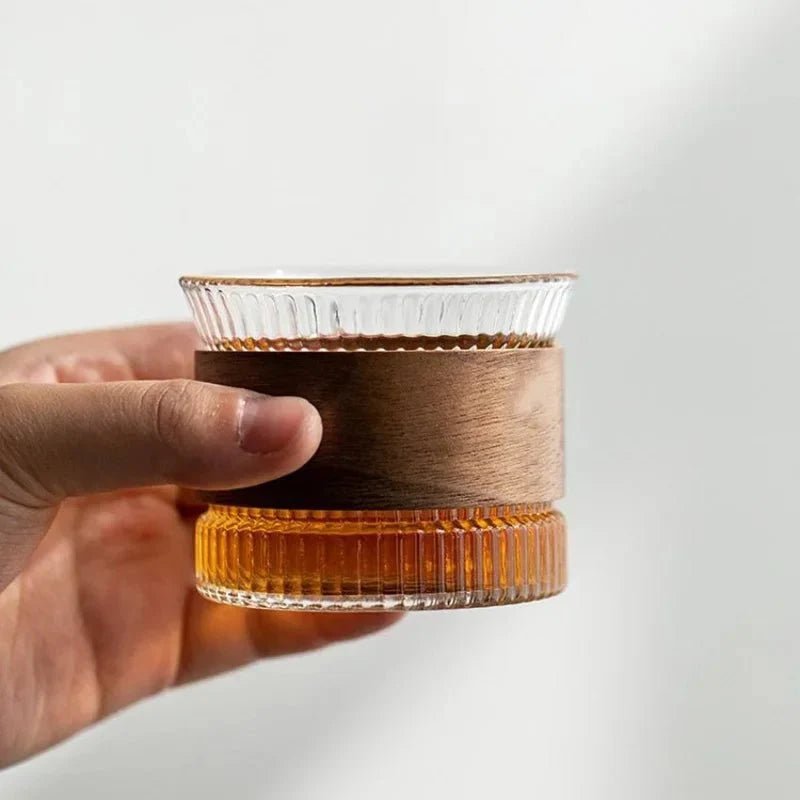 Elegant Glass Beverage Tumbler with Natural Wood Detail