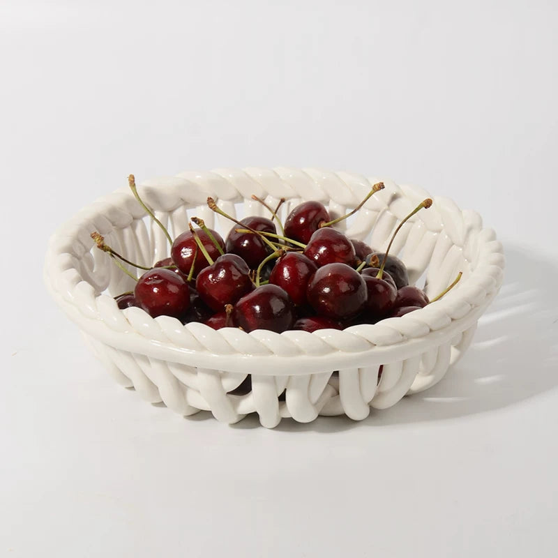 Elegant White Ceramic Storage Basket with Handle