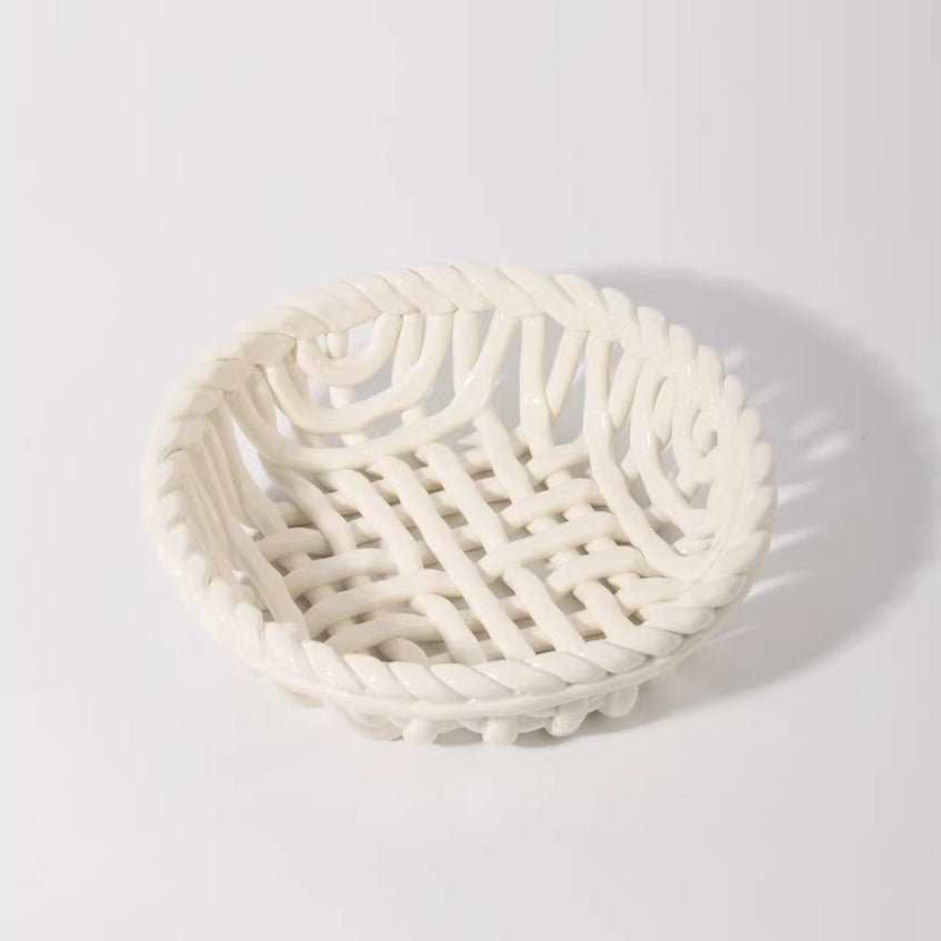Elegant White Ceramic Storage Basket with Handle