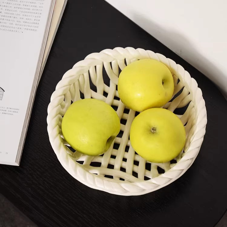 Elegant White Ceramic Storage Basket with Handle