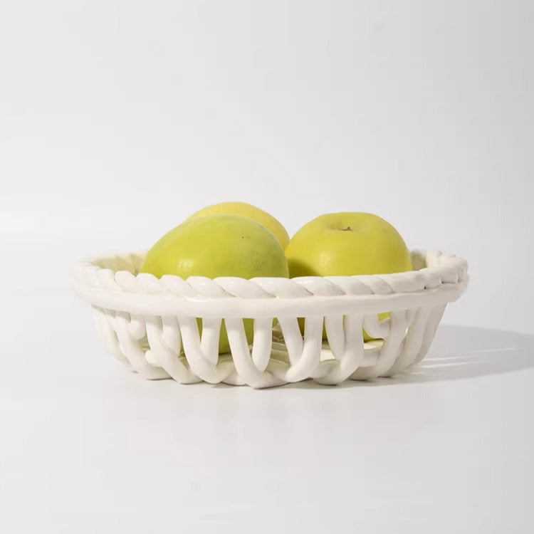 Elegant White Ceramic Storage Basket with Handle