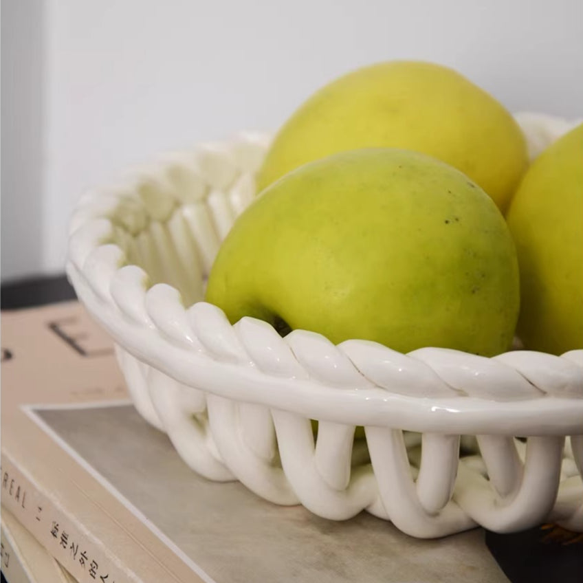 Elegant White Ceramic Storage Basket with Handle
