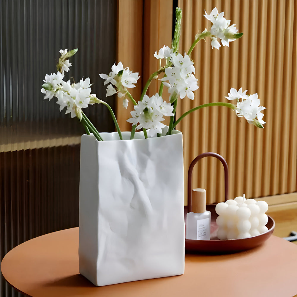 Handcrafted Textured Decor Vase – Unique Paper Bag Style in Ceramic